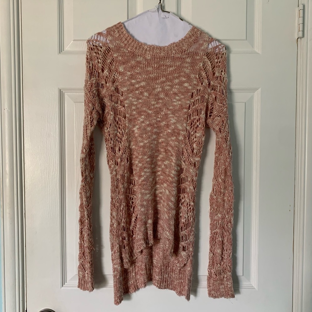 Pink Rose Premium Brand Open Patchwork Dusty Pink/White Marble Knit Sweater Sz M
